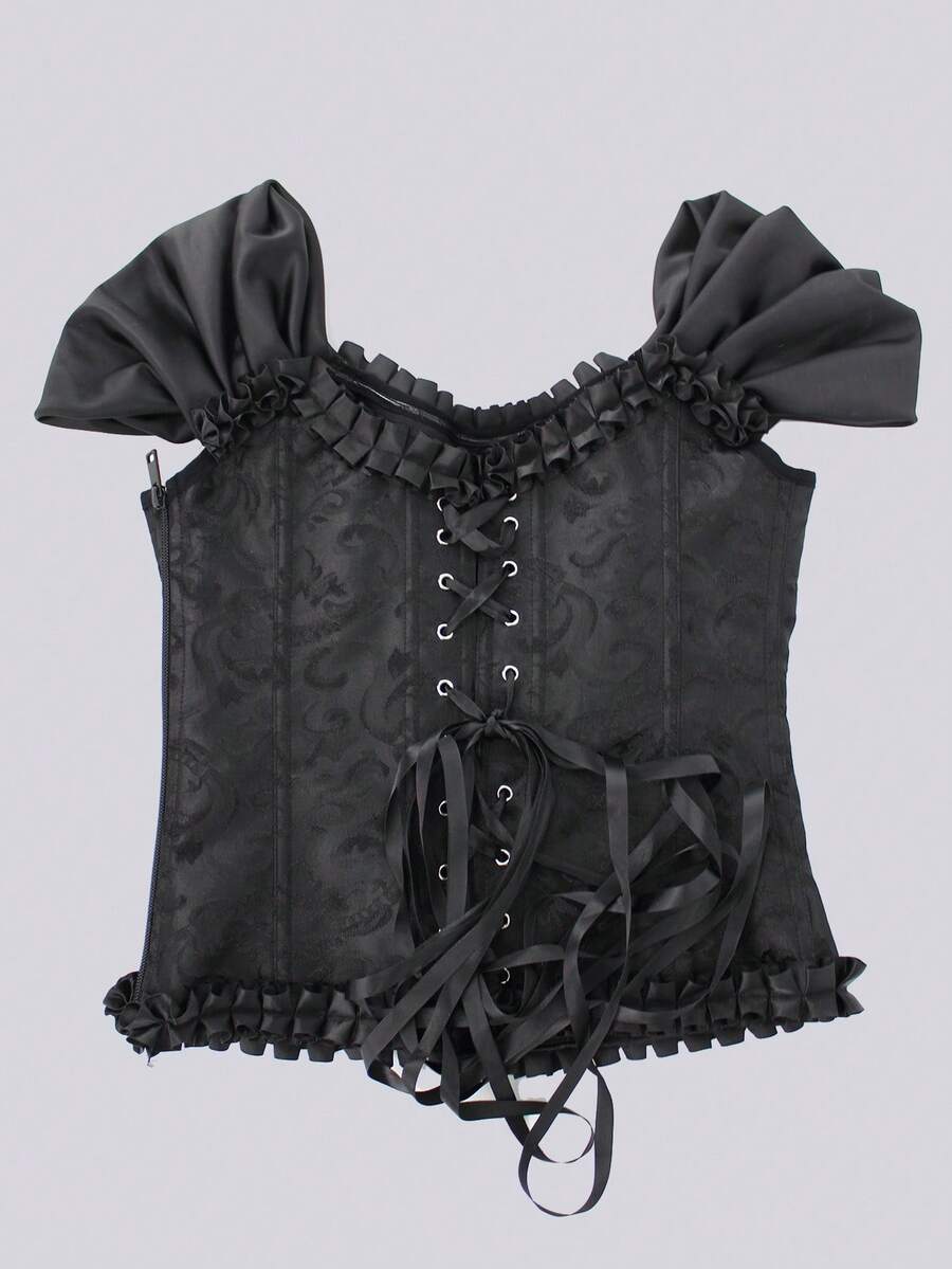 Women's apricot off-shoulder camisole top featuring asymmetrical frill trim and lace-up detail in a slim fit.