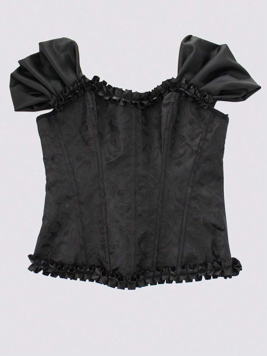 Women's apricot off-shoulder camisole top featuring asymmetrical frill trim and lace-up detail in a slim fit.