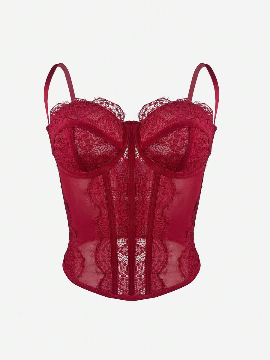 Women's brown lace trim cami corset crop top featuring a low cut neck, unlined body, and slim fit bodycon silhouette.