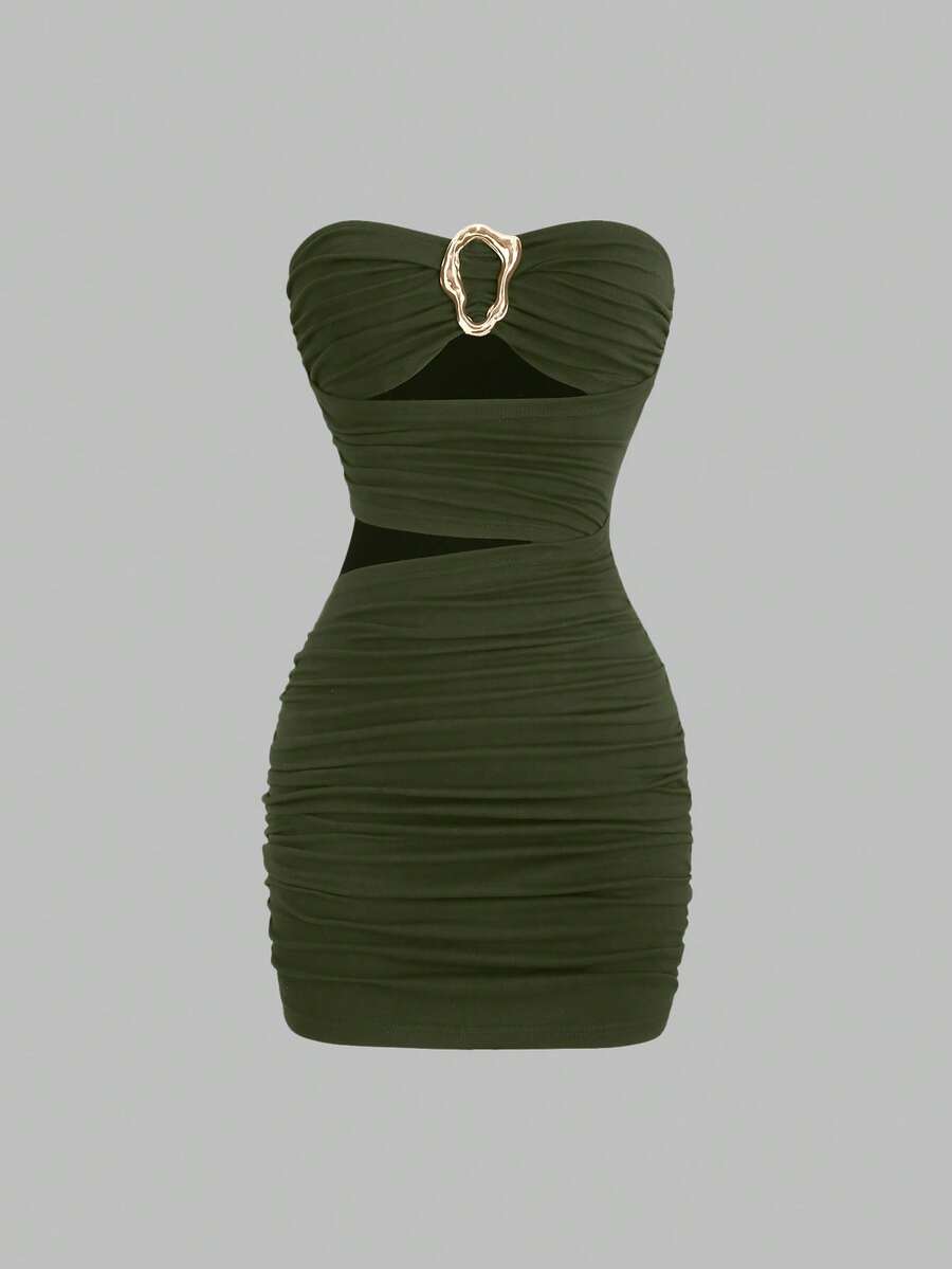 Women's black strapless bodycon mini dress featuring ruched detailing, cut-out design with ring accent, mid-waist pencil hem, and slim fit knitted stretch fabric.