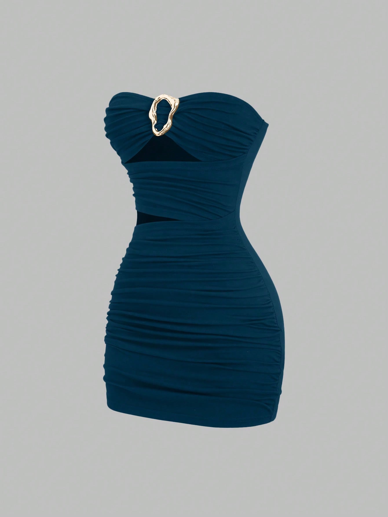 Women's black strapless bodycon mini dress featuring ruched detailing, cut-out design with ring accent, mid-waist pencil hem, and slim fit knitted stretch fabric.