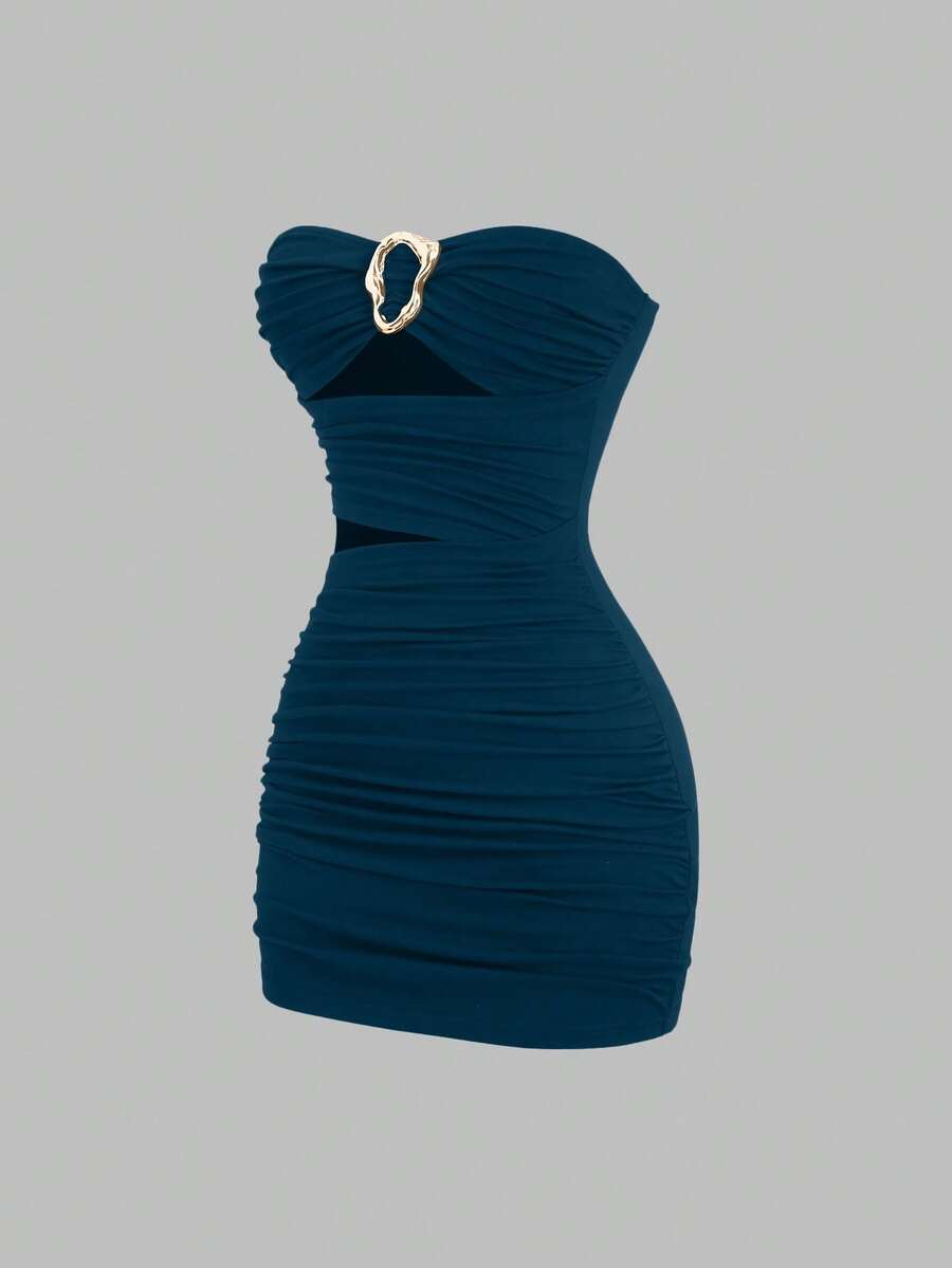 Women's black strapless bodycon mini dress featuring ruched detailing, cut-out design with ring accent, mid-waist pencil hem, and slim fit knitted stretch fabric.
