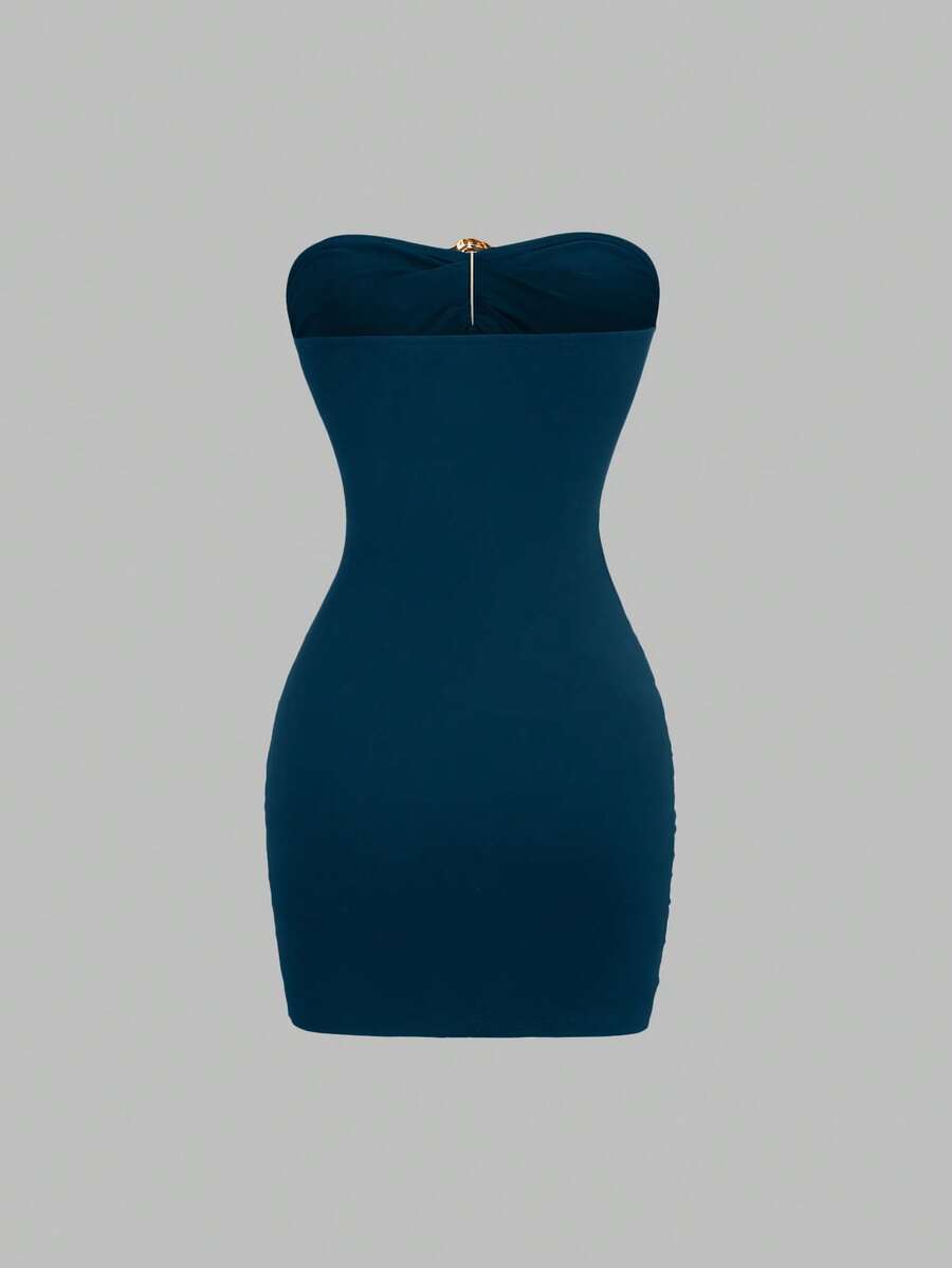 Women's black strapless bodycon mini dress featuring ruched detailing, cut-out design with ring accent, mid-waist pencil hem, and slim fit knitted stretch fabric.