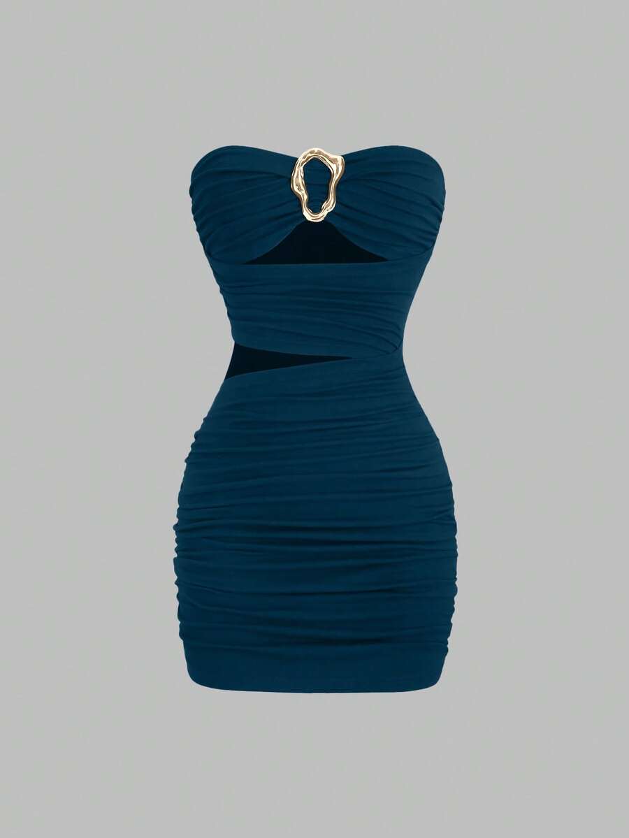 Women's black strapless bodycon mini dress featuring ruched detailing, cut-out design with ring accent, mid-waist pencil hem, and slim fit knitted stretch fabric.