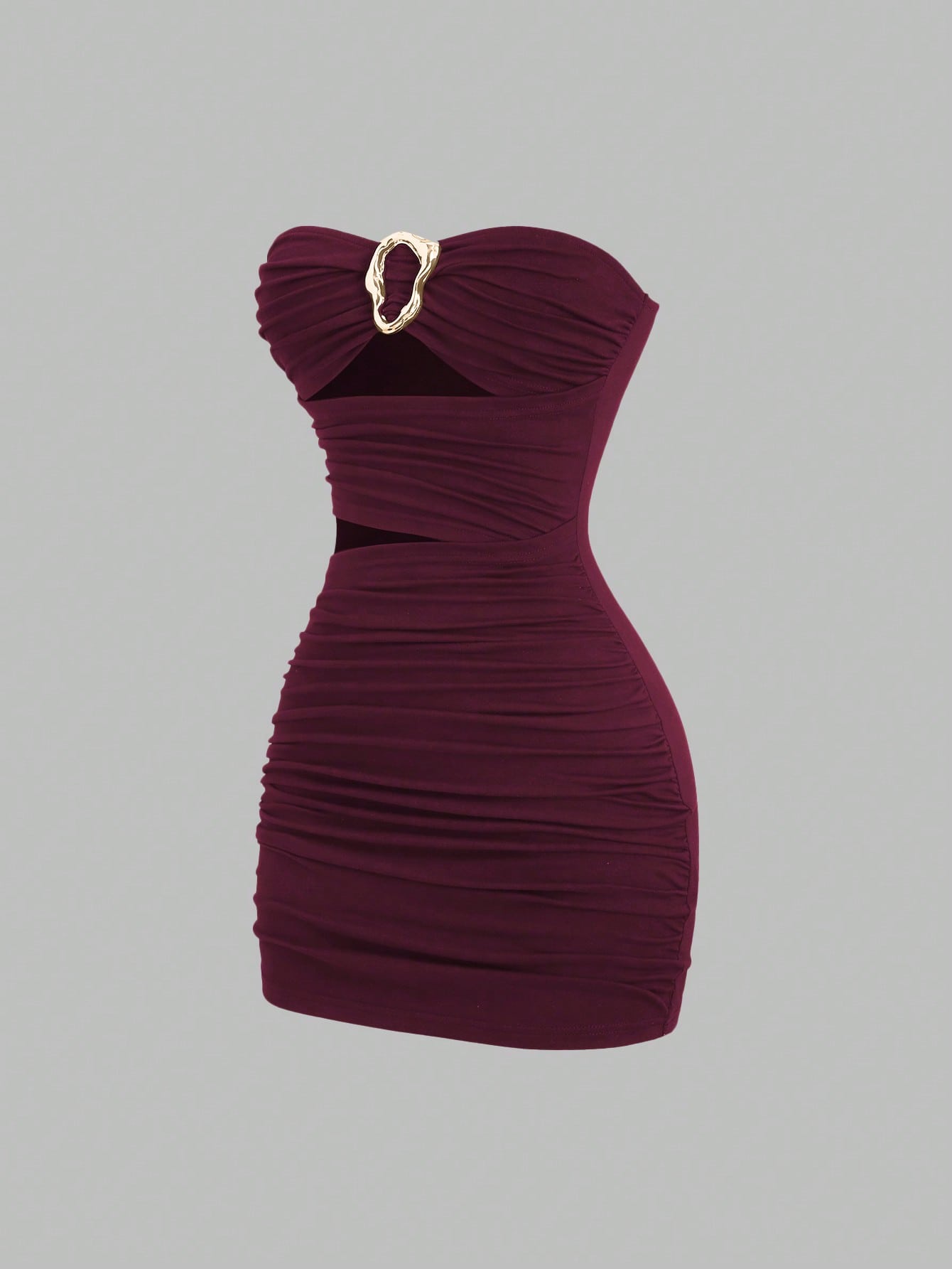 Women's black strapless bodycon mini dress featuring ruched detailing, cut-out design with ring accent, mid-waist pencil hem, and slim fit knitted stretch fabric.