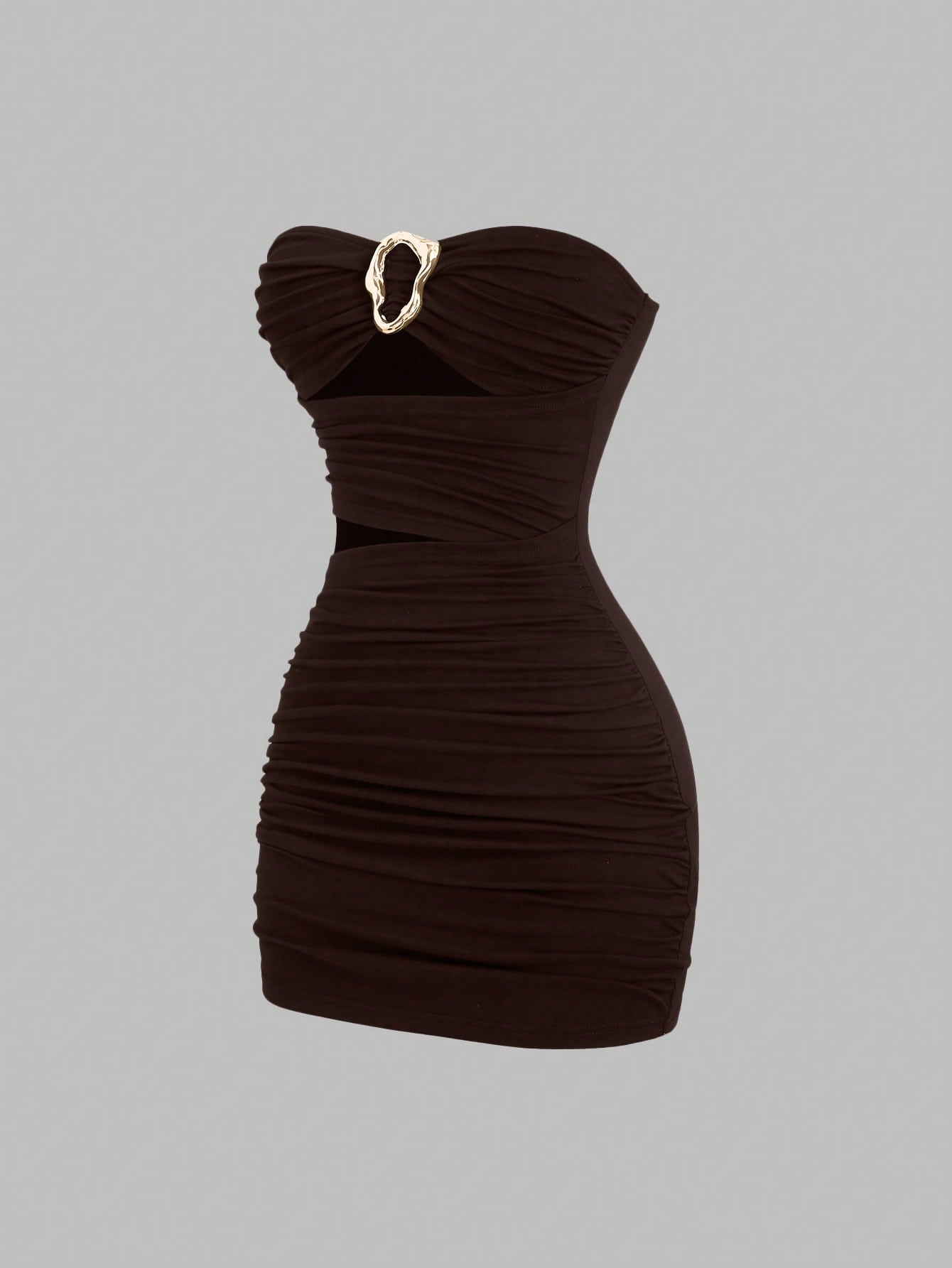 Women's black strapless bodycon mini dress featuring ruched detailing, cut-out design with ring accent, mid-waist pencil hem, and slim fit knitted stretch fabric.