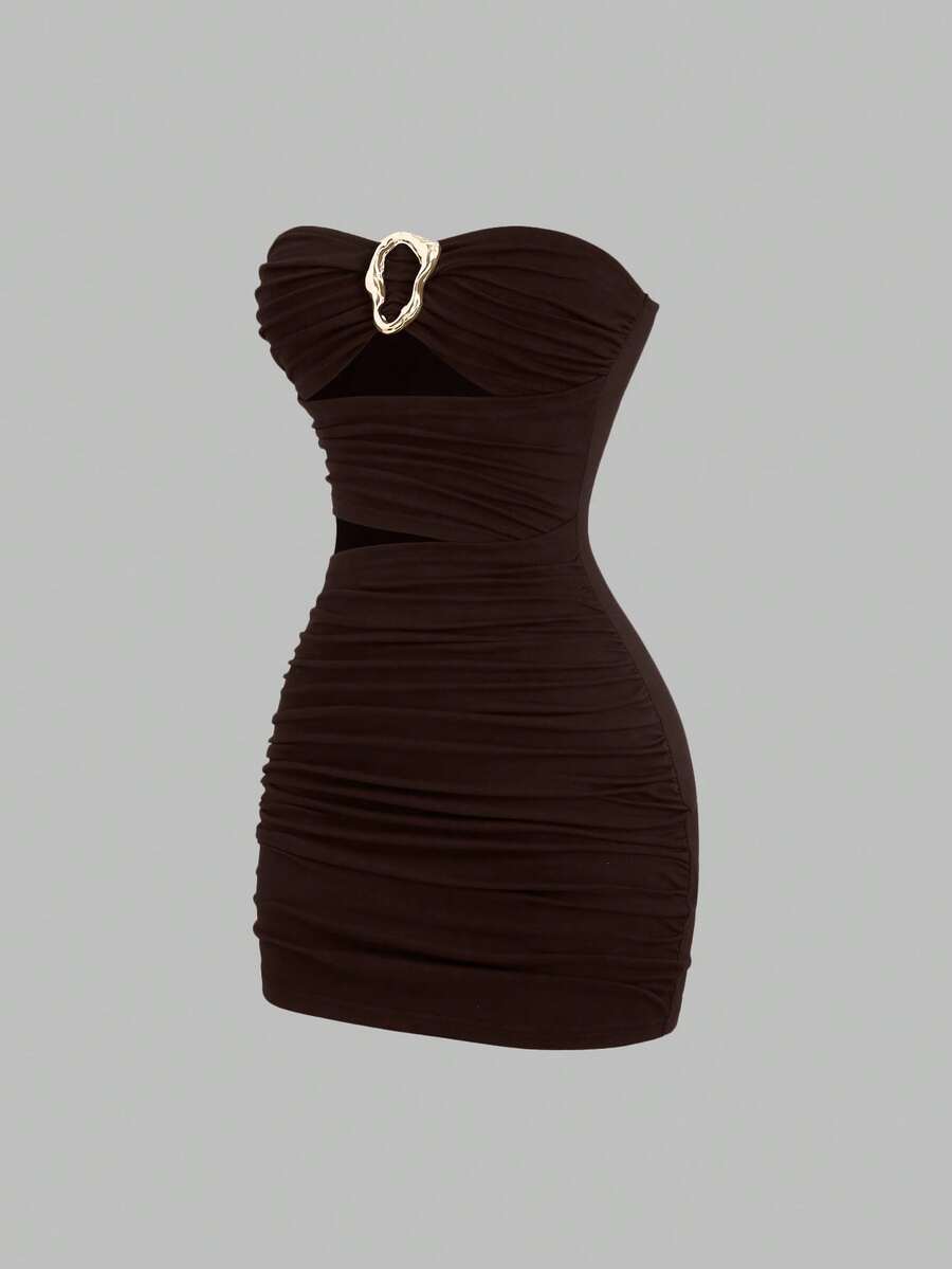 Women's black strapless bodycon mini dress featuring ruched detailing, cut-out design with ring accent, mid-waist pencil hem, and slim fit knitted stretch fabric.