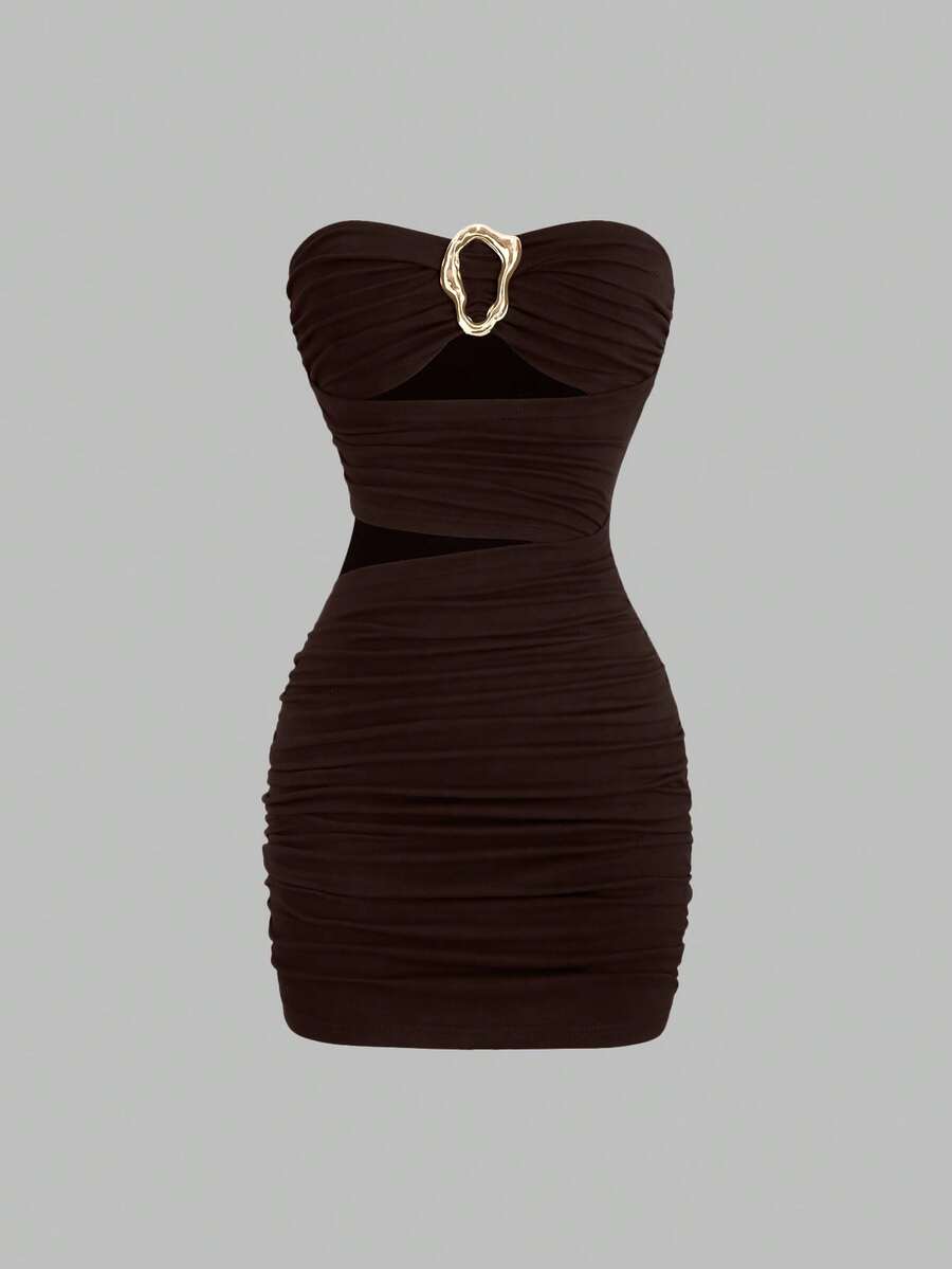 Women's black strapless bodycon mini dress featuring ruched detailing, cut-out design with ring accent, mid-waist pencil hem, and slim fit knitted stretch fabric.