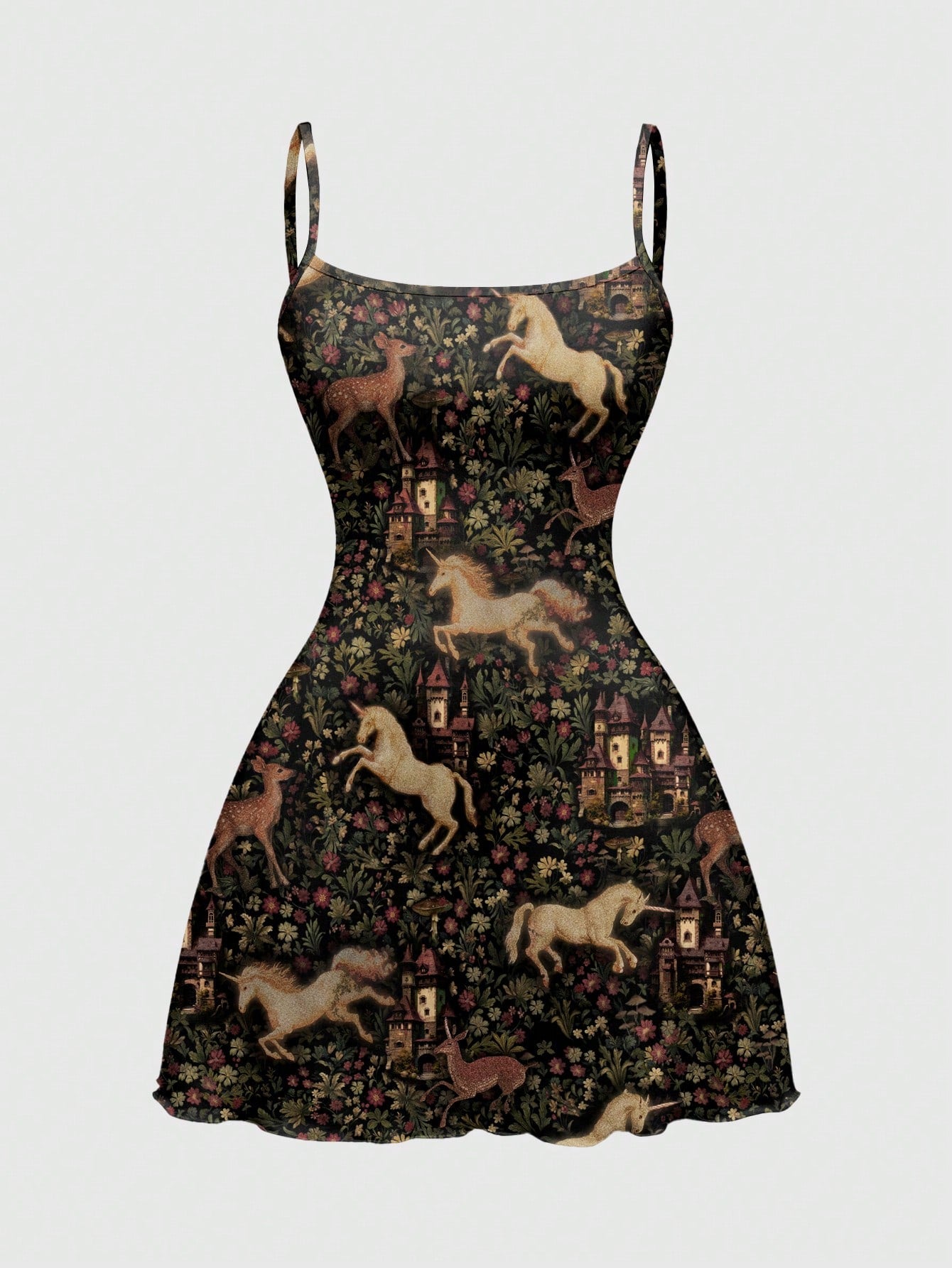 Beige graphic cami mini dress for women featuring a backless slim fit design, high waist flared hem, lettuce trim, spaghetti straps, and arm sleeves.