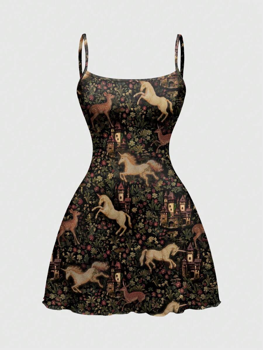 Beige graphic cami mini dress for women featuring a backless slim fit design, high waist flared hem, lettuce trim, spaghetti straps, and arm sleeves.