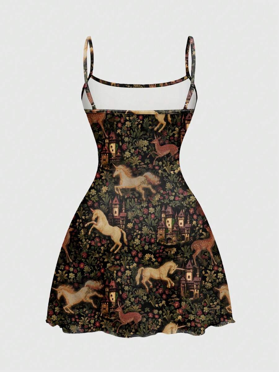 Beige graphic cami mini dress for women featuring a backless slim fit design, high waist flared hem, lettuce trim, spaghetti straps, and arm sleeves.