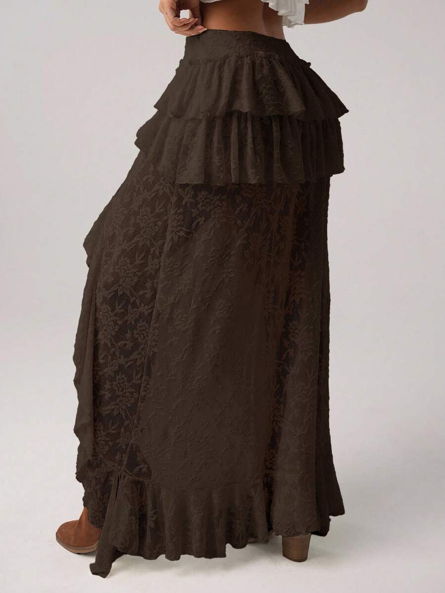 Women's lace tiered asymmetrical maxi skirt featuring a low waist and high slit thigh design.