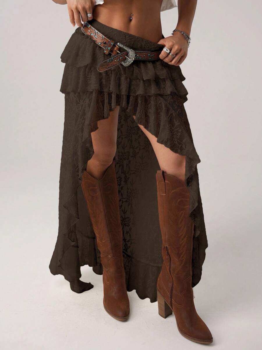 Women's lace tiered asymmetrical maxi skirt featuring a low waist and high slit thigh design.