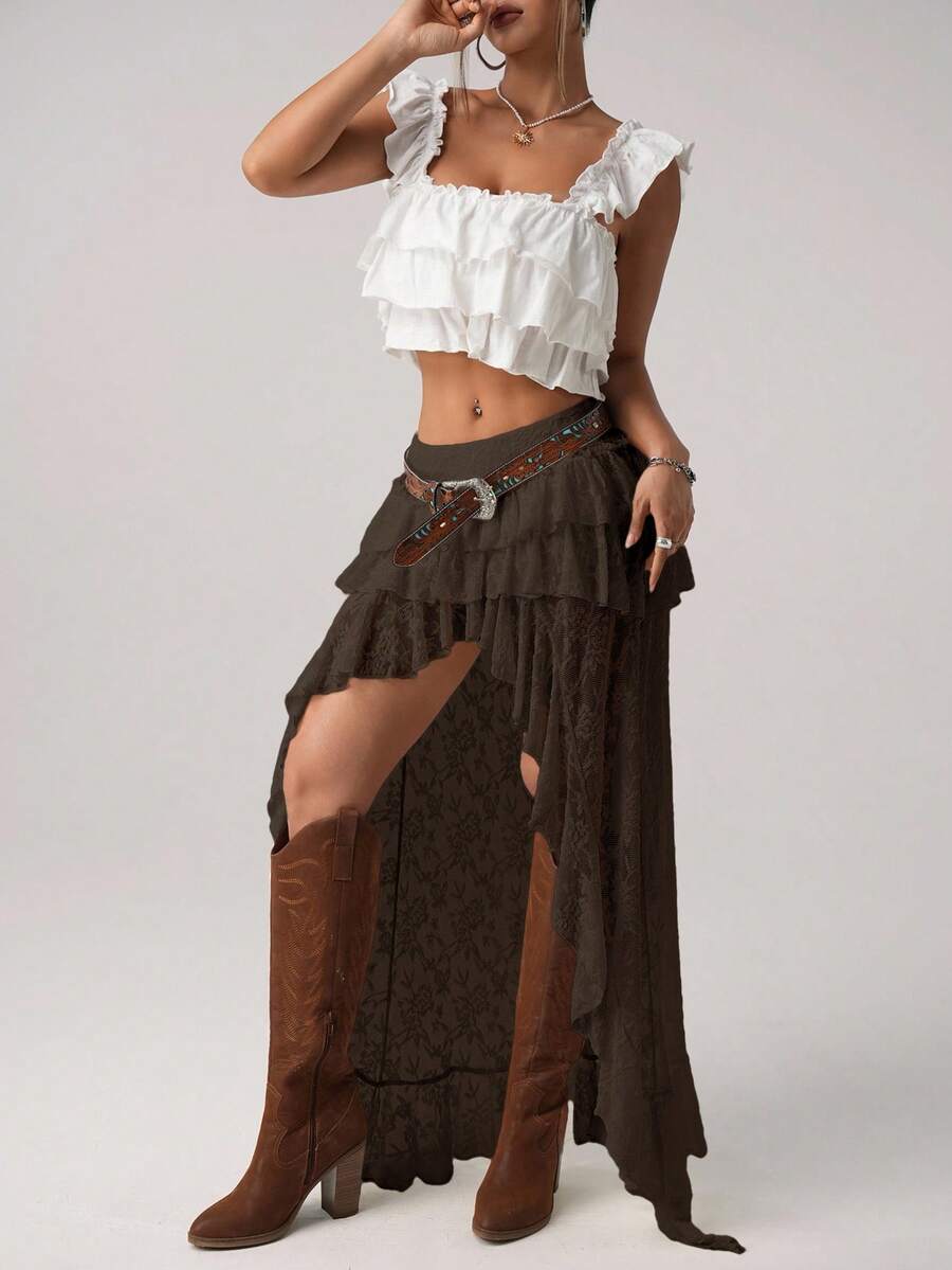 Women's lace tiered asymmetrical maxi skirt featuring a low waist and high slit thigh design.