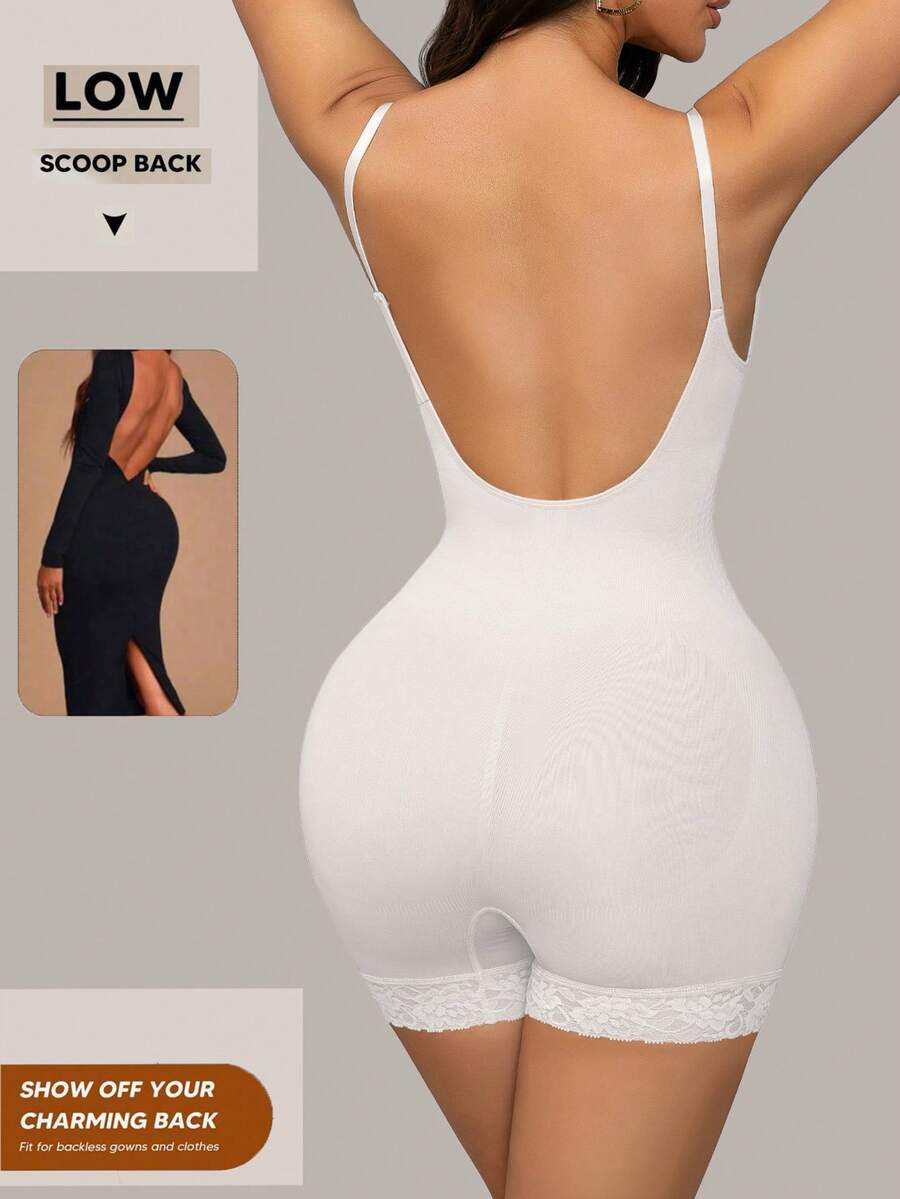 Seamless body shaper bodysuit for women featuring contrast lace details and tummy control in apricot fabric.