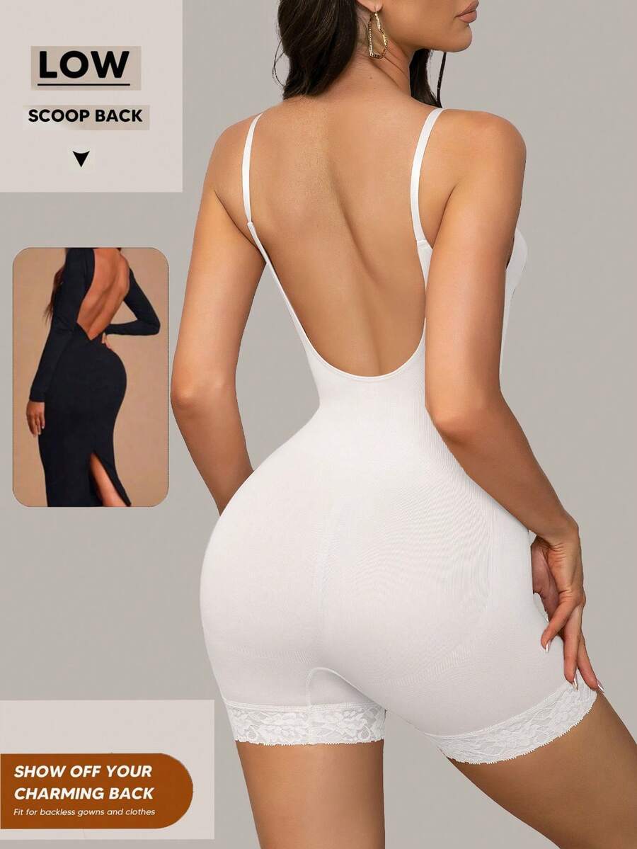 Seamless body shaper bodysuit for women featuring contrast lace details and tummy control in apricot fabric.