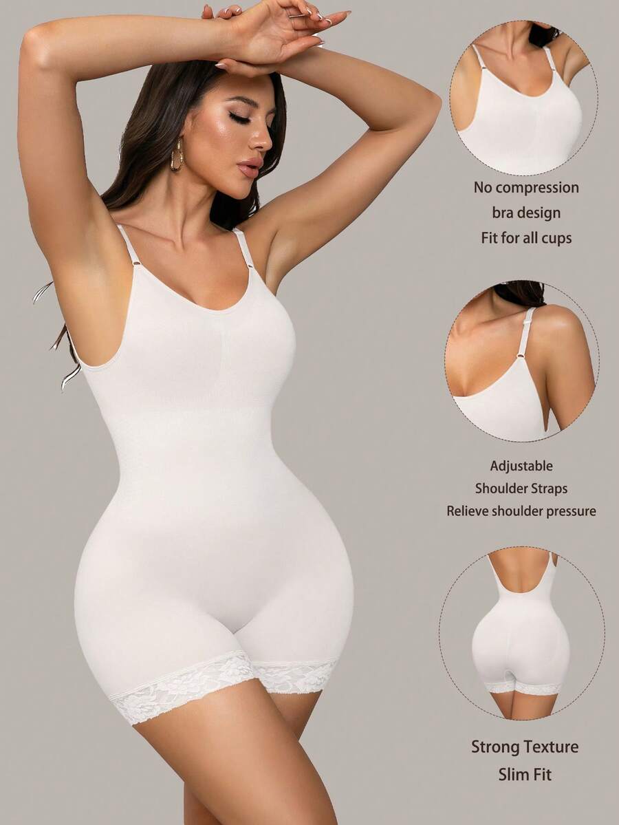 Seamless body shaper bodysuit for women featuring contrast lace details and tummy control in apricot fabric.