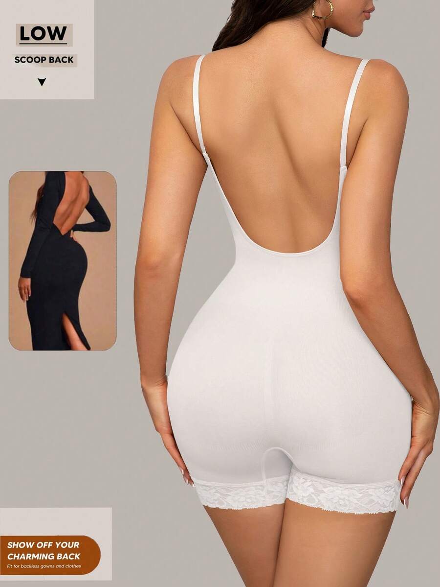 Seamless body shaper bodysuit for women featuring contrast lace details and tummy control in apricot fabric.