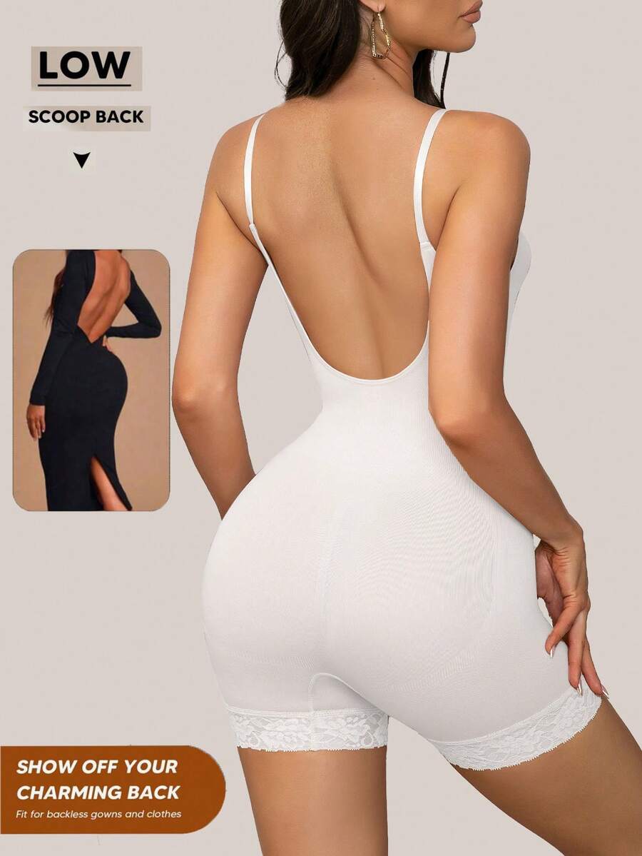 Seamless body shaper bodysuit for women featuring contrast lace details and tummy control in apricot fabric.