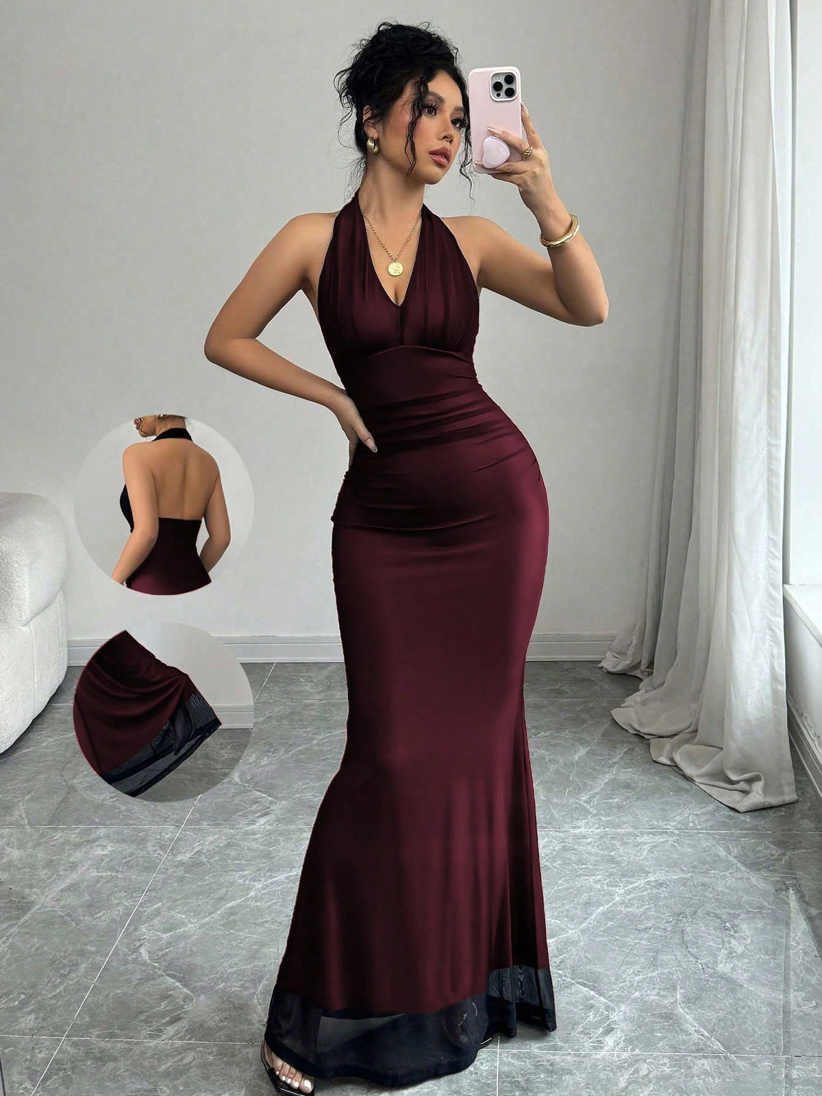 Women's long sleeve mermaid bodycon dress in high-stretch mesh fabric featuring a halter backless neckline, ruched high waist, and slim fit silhouette for formal evening wear.