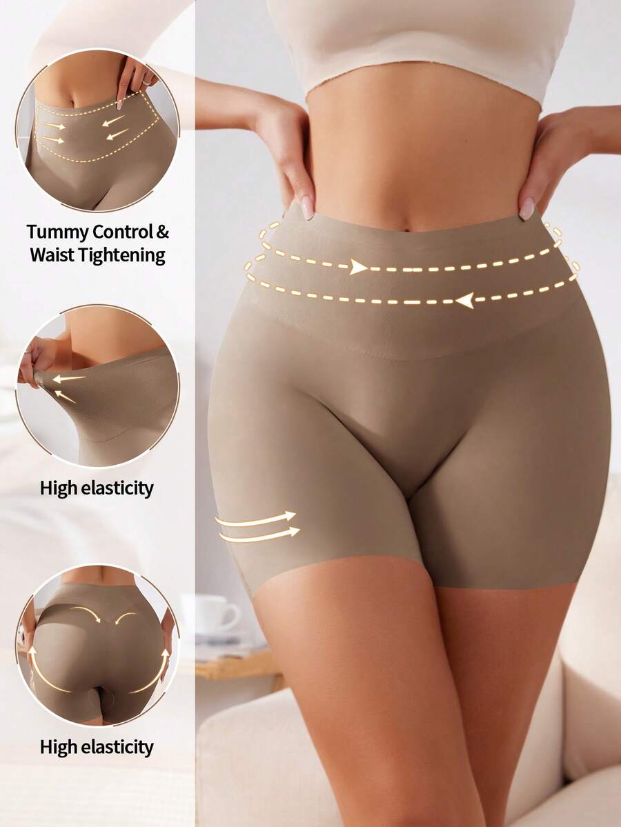 Women wearing apricot super high waist shapewear shorts designed for ultra-light thigh smoothing