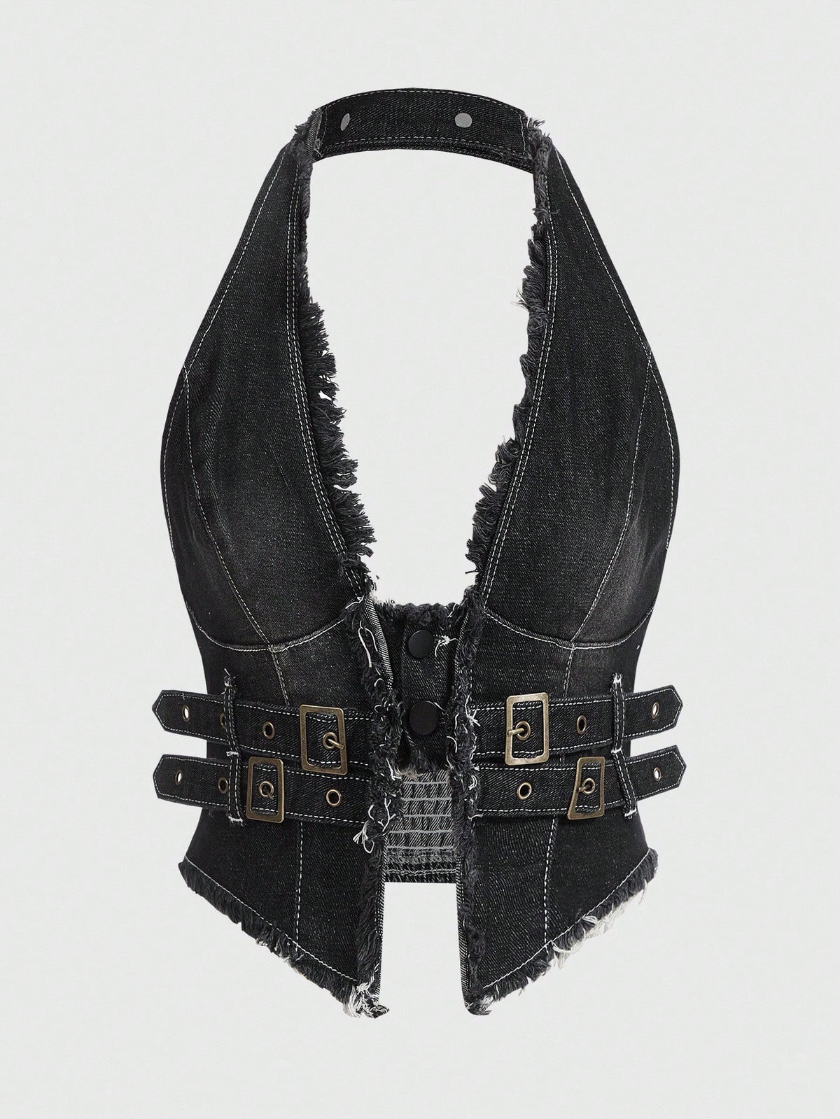 Women's denim halter crop top featuring a backless design, asymmetrical hem, single-breasted front, and lettuce trim.