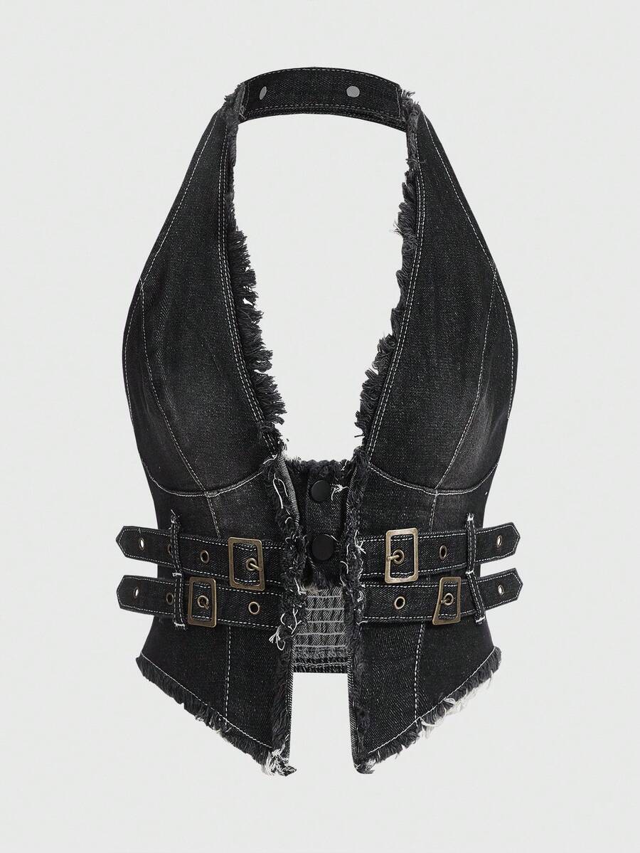 Women's denim halter crop top featuring a backless design, asymmetrical hem, single-breasted front, and lettuce trim.