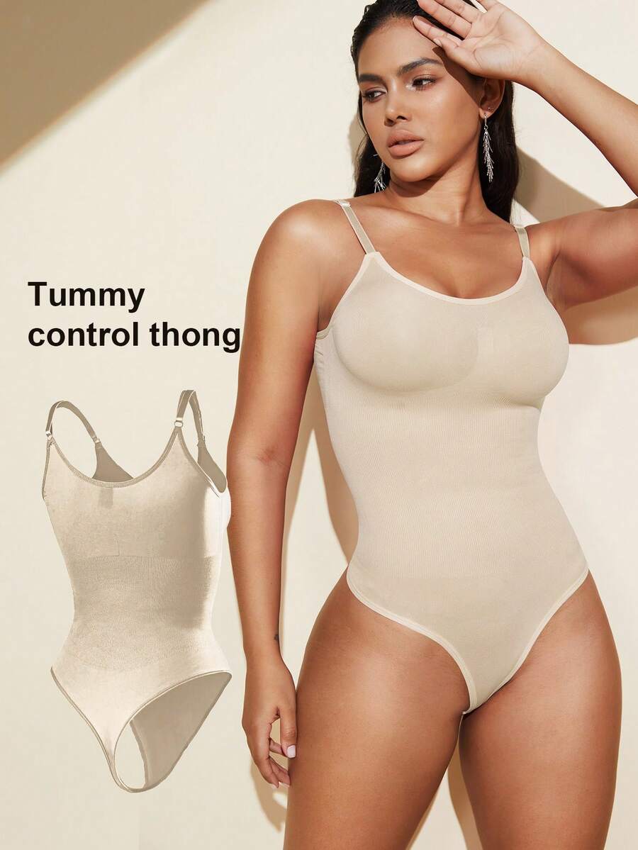 Brown seamless shapewear bodysuit featuring backless design, thong bottom, non-removable padding, and high-stretch fabric for tummy and waist control.