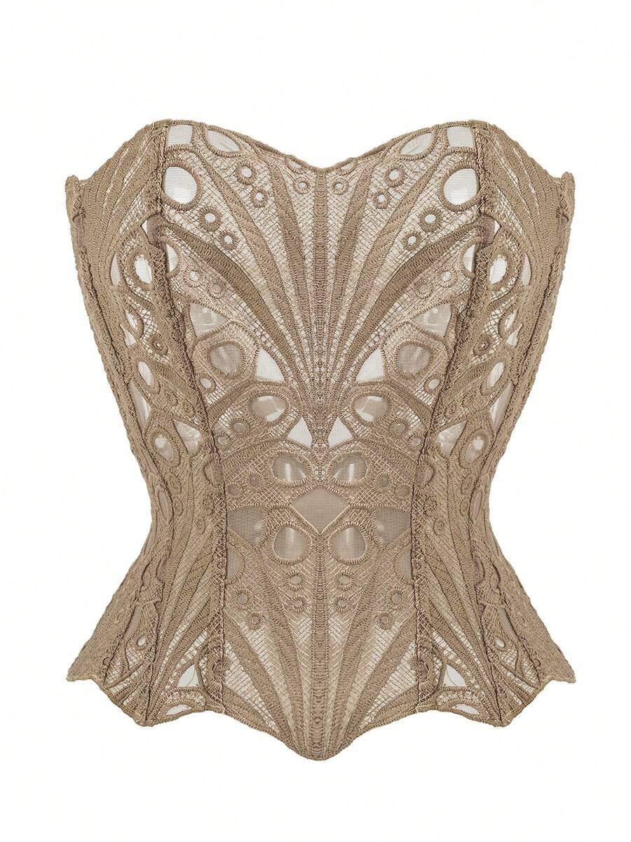 Black lace shaping camisole top with a tie-back detail and grommet eyelet accents, designed for women with slight stretch and ultra-light support.