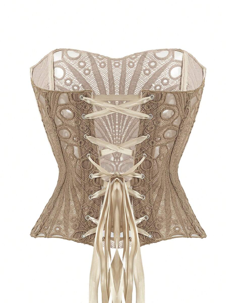 Black lace shaping camisole top with a tie-back detail and grommet eyelet accents, designed for women with slight stretch and ultra-light support.