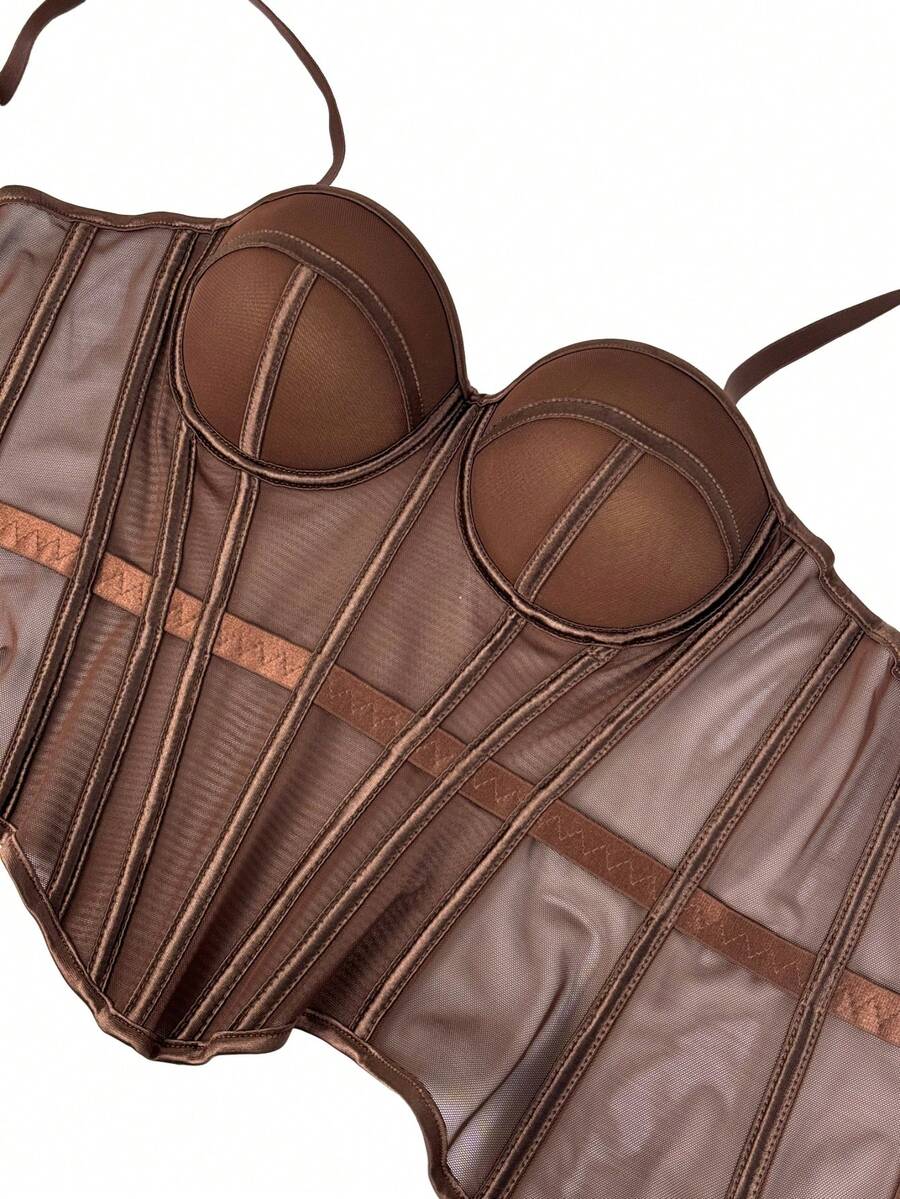 Women's brown backless corset camisole top featuring spaghetti straps, boned structure, and slim fit silhouette.