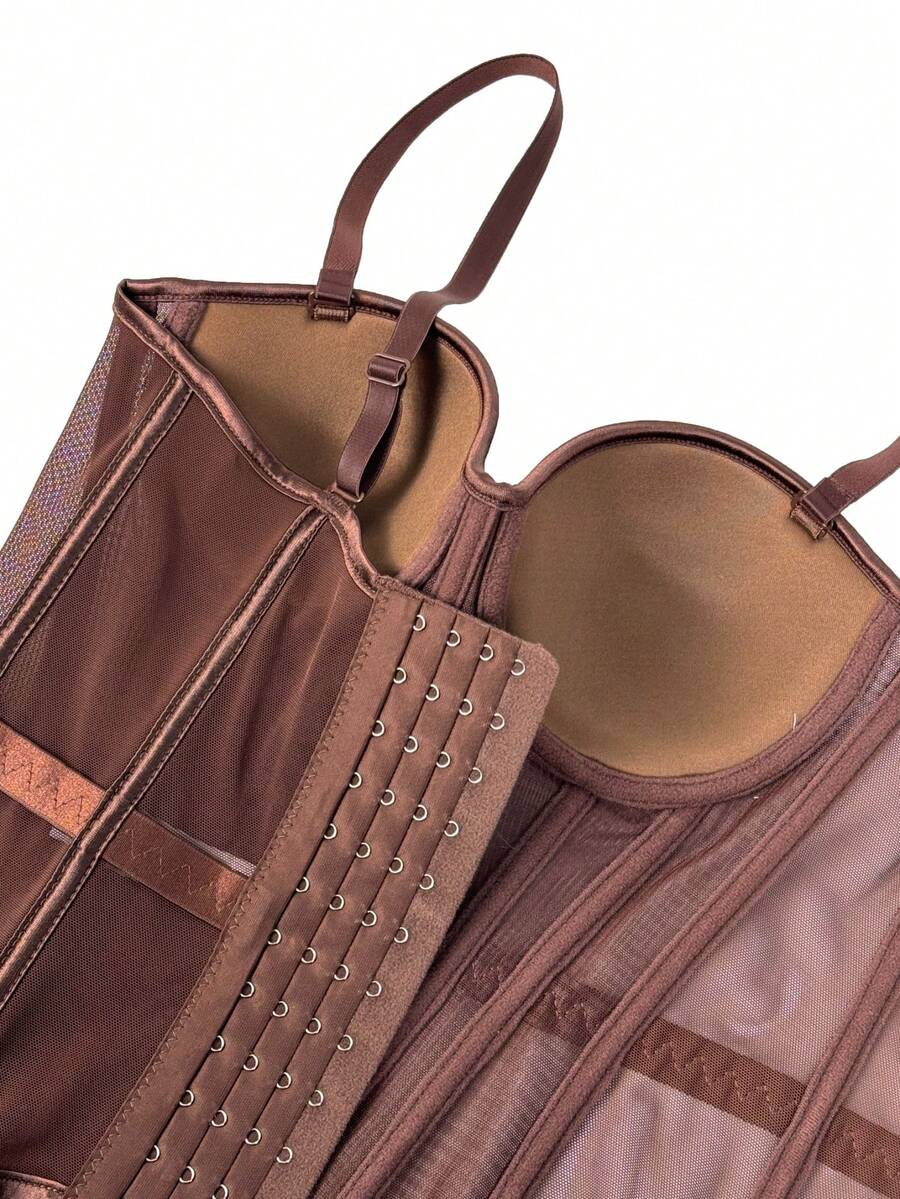 Women's brown backless corset camisole top featuring spaghetti straps, boned structure, and slim fit silhouette.