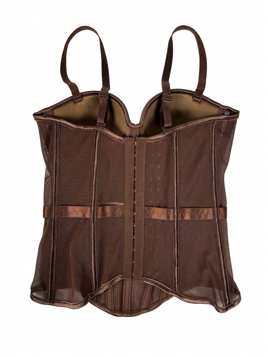 Women's brown backless corset camisole top featuring spaghetti straps, boned structure, and slim fit silhouette.