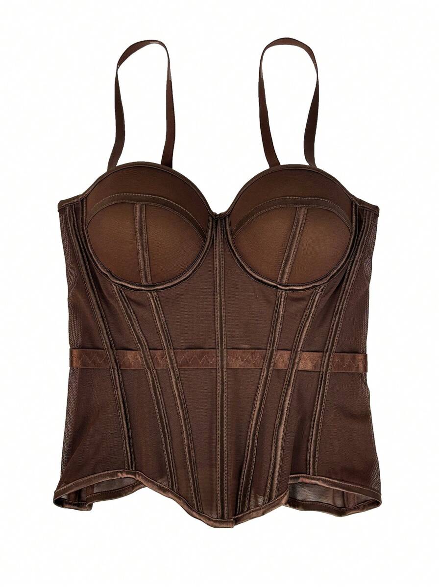 Women's brown backless corset camisole top featuring spaghetti straps, boned structure, and slim fit silhouette.