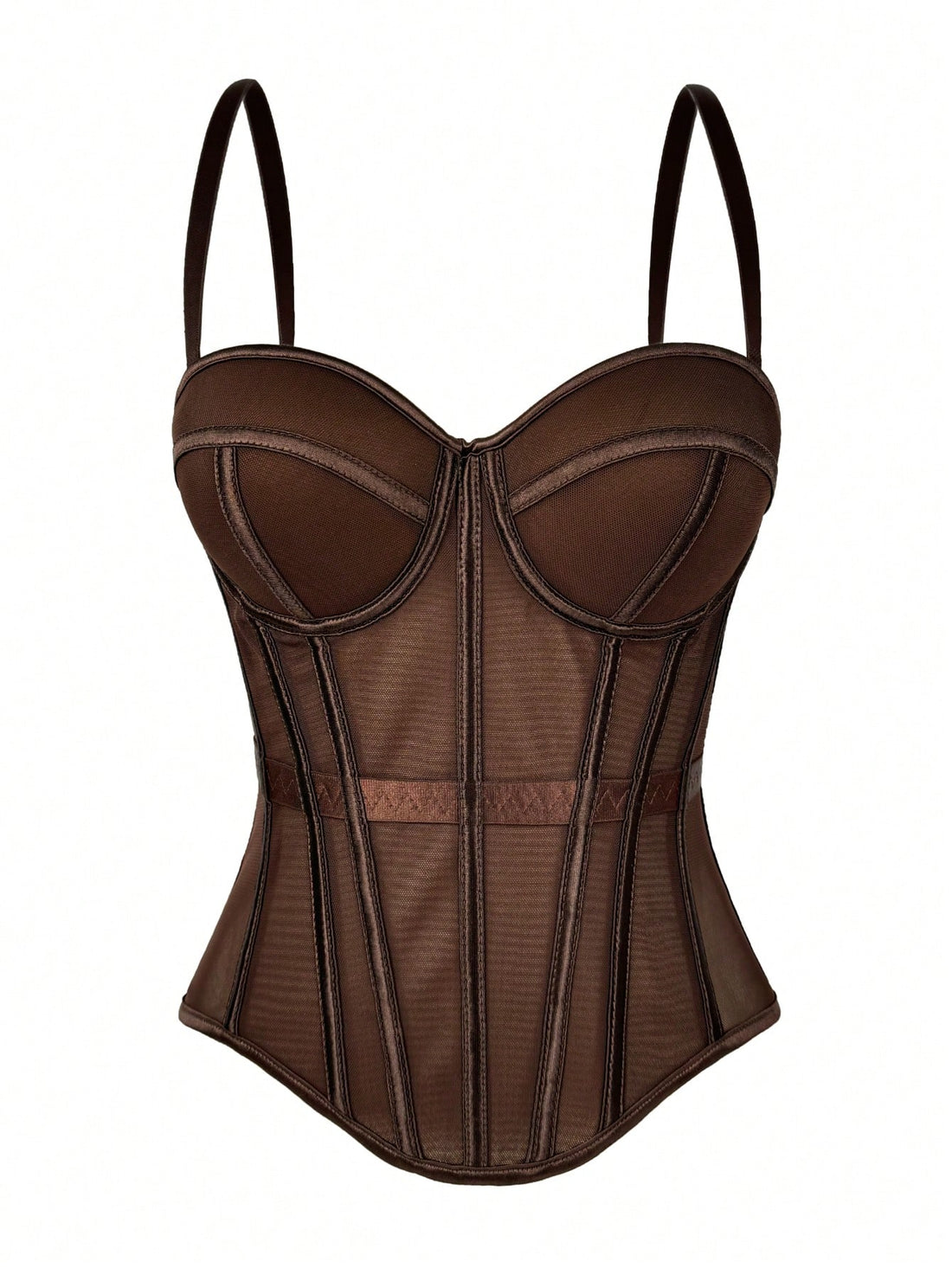 Women's brown backless corset camisole top featuring spaghetti straps, boned structure, and slim fit silhouette.