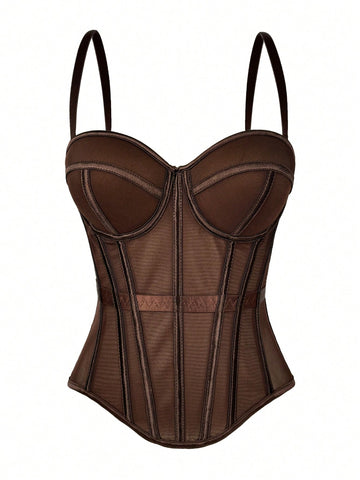 Women's brown backless corset camisole top featuring spaghetti straps, boned structure, and slim fit silhouette.
