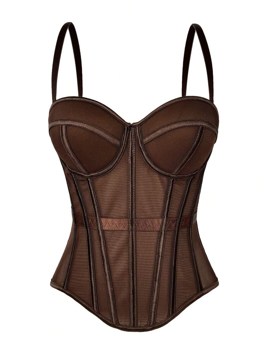 Women's brown backless corset camisole top featuring spaghetti straps, boned structure, and slim fit silhouette.