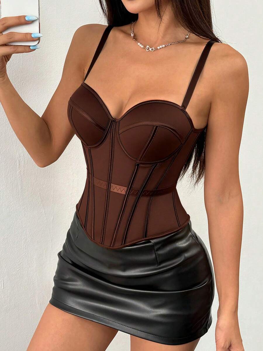 Women's brown backless corset camisole top featuring spaghetti straps, boned structure, and slim fit silhouette.