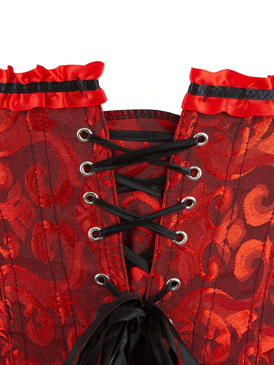 Women's strapless backless shapewear corset camisole top with floral lace, lace-up front, and grommet eyelet details.