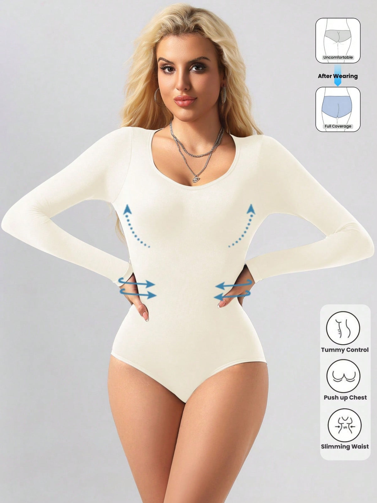 Black seamless long sleeve crew neck shapewear bodysuit for women featuring full coverage tummy control.