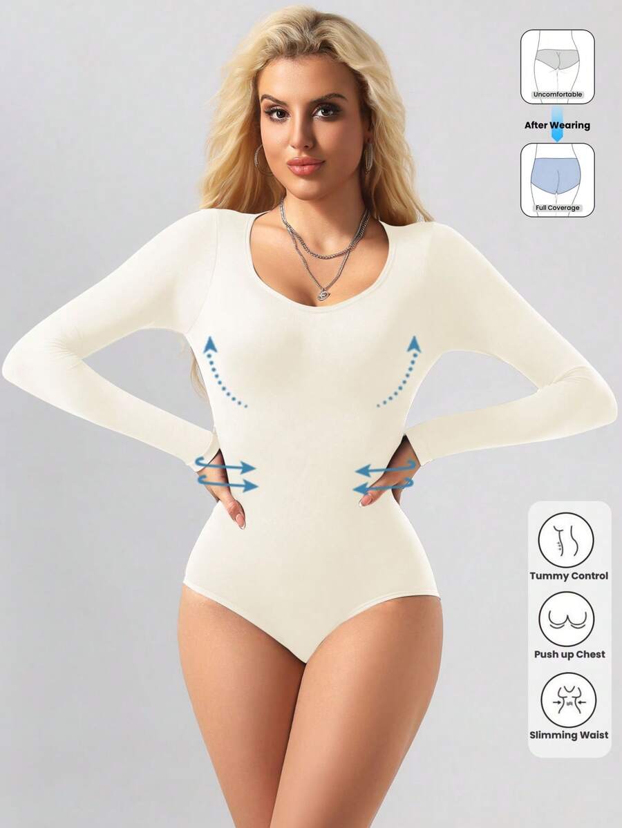 Black seamless long sleeve crew neck shapewear bodysuit for women featuring full coverage tummy control.