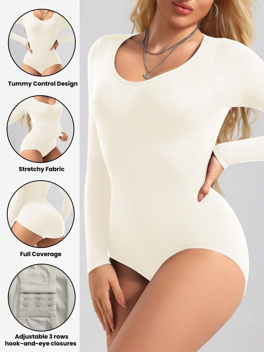 Black seamless long sleeve crew neck shapewear bodysuit for women featuring full coverage tummy control.