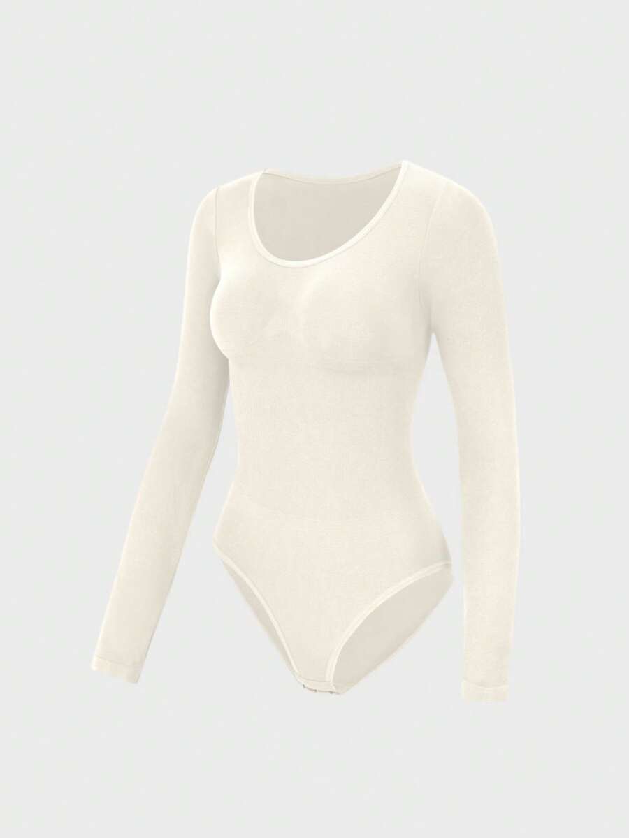 Black seamless long sleeve crew neck shapewear bodysuit for women featuring full coverage tummy control.