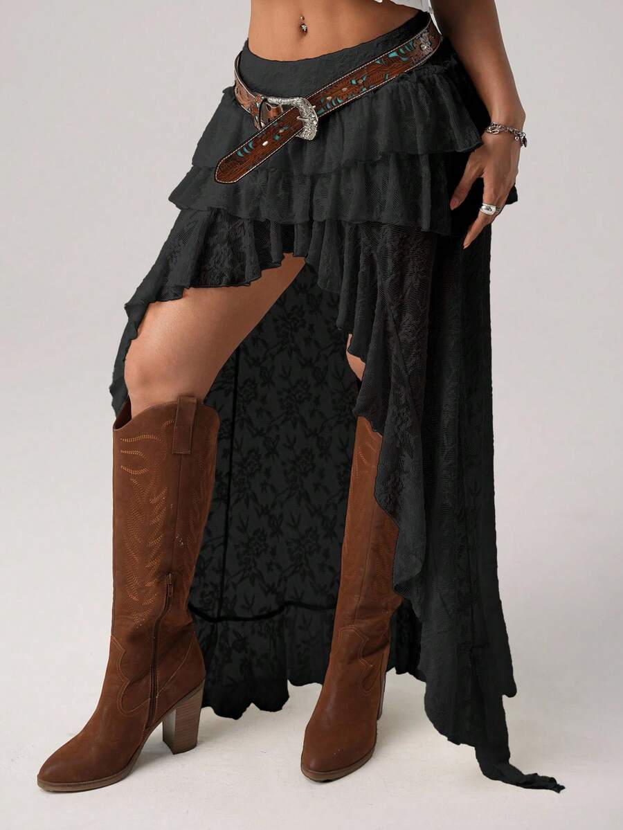 Women's lace tiered asymmetrical maxi skirt featuring a low waist and high slit thigh design.