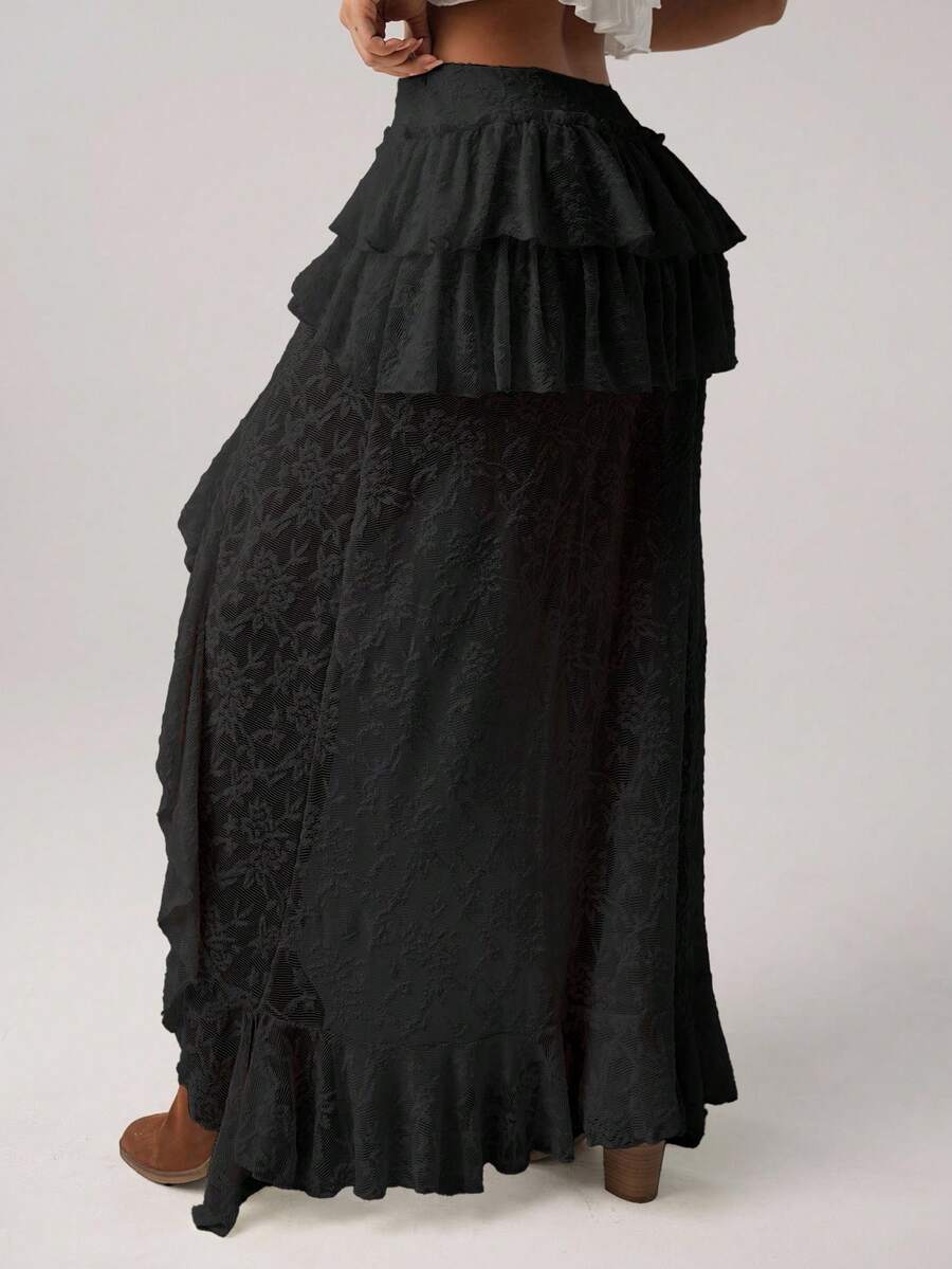 Women's lace tiered asymmetrical maxi skirt featuring a low waist and high slit thigh design.