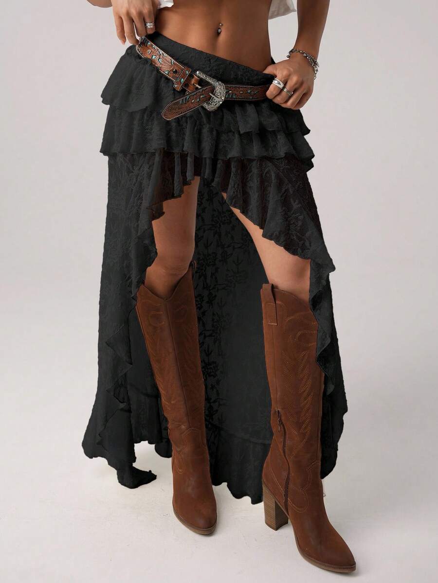Women's lace tiered asymmetrical maxi skirt featuring a low waist and high slit thigh design.