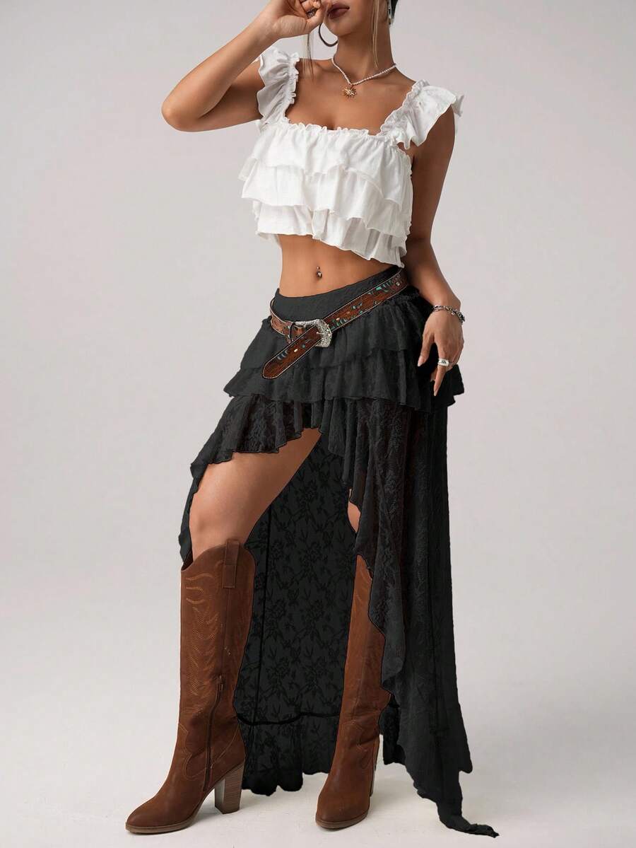Women's lace tiered asymmetrical maxi skirt featuring a low waist and high slit thigh design.