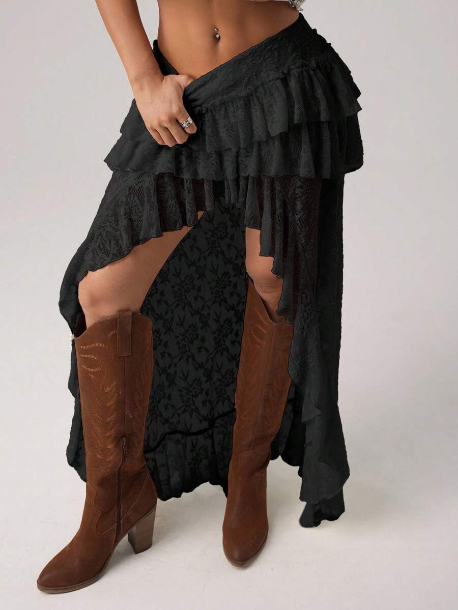 Women's lace tiered asymmetrical maxi skirt featuring a low waist and high slit thigh design.