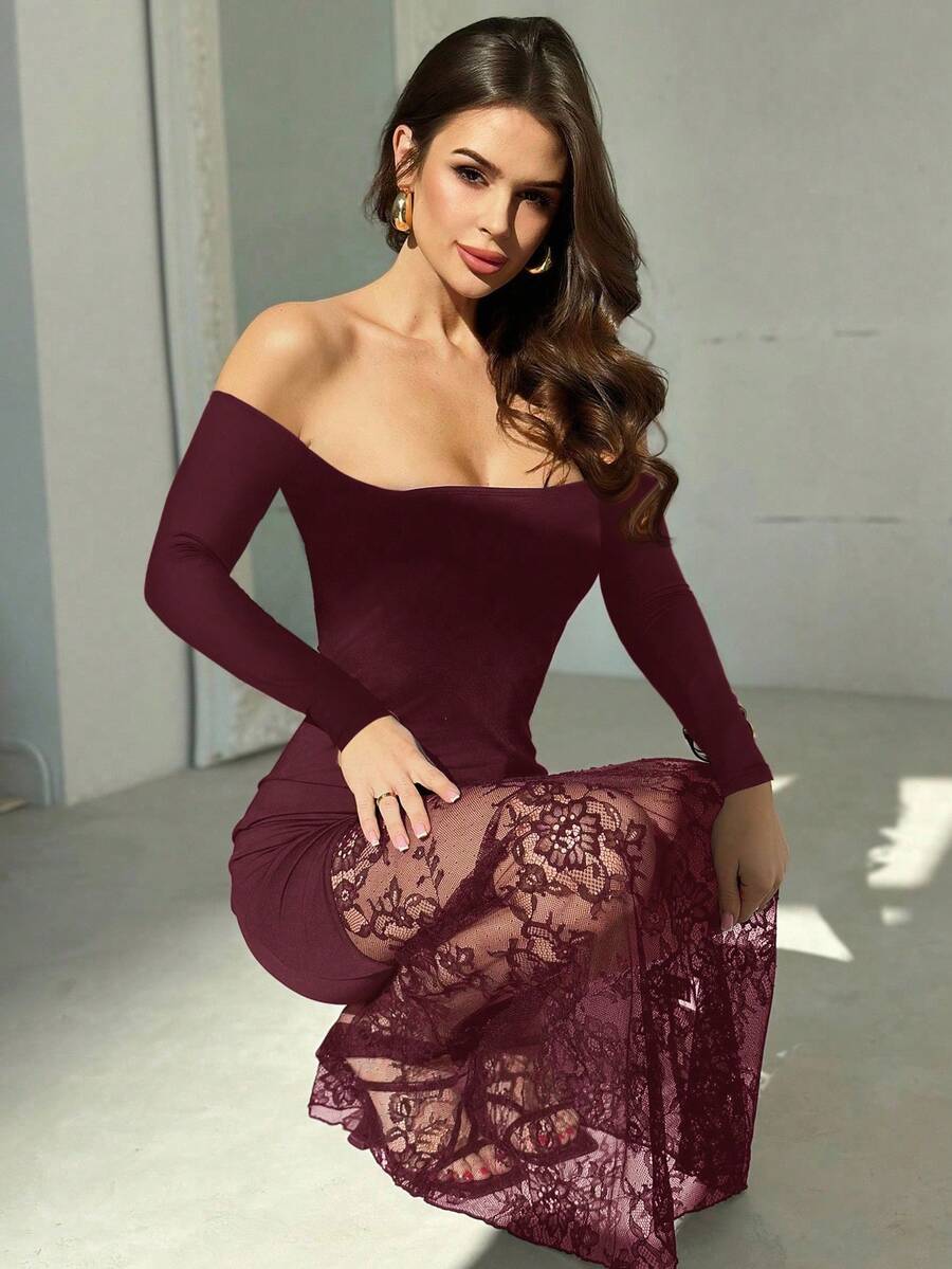 Woman wearing an elegant black off-shoulder long sleeve bodycon maxi dress featuring contrast lace waist detailing and a side hem slit.