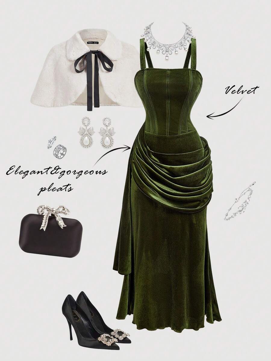 Women's sleeveless army green velvet midi dress featuring a strapless asymmetrical ruched design, high waist, slim fit bodycon silhouette, and flared hem.